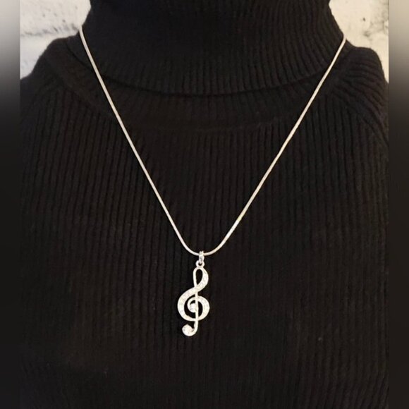 Crystal Treble Clef Musical Symbol Pendant with Silvertone Necklace - Picture 3 of 6